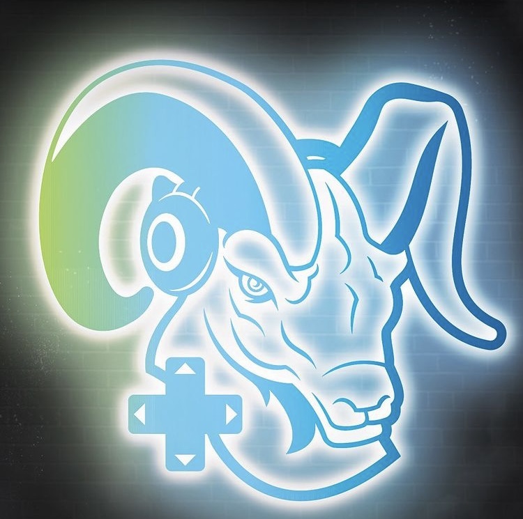 glowing blue and green ram head with video game controller graphic